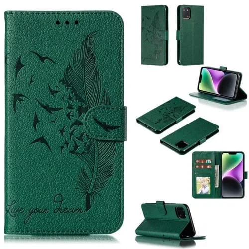 Funda para Teléfono iPhone 15 Cuero Textura Litchi Patrón de Plumas (Verde)