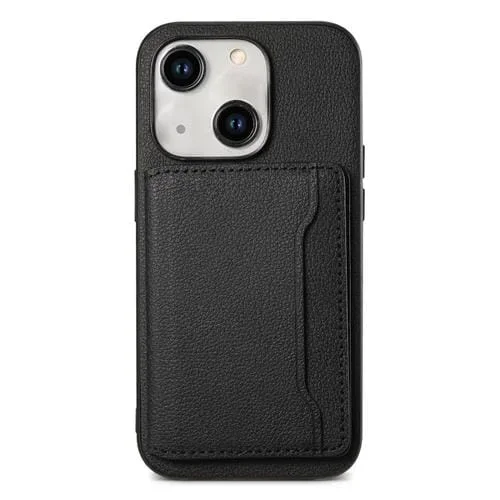 Funda para Teléfono iPhone 15 Diseño Bolsa de Tarjeta Textura de Becerro (Negro)