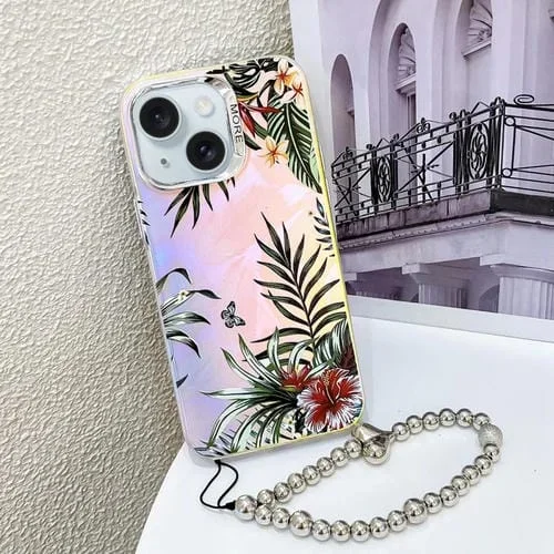 Funda para Teléfono iPhone 15 Flor Láser Galvanizada con Correa para Muñeca (Hojas Ah12)