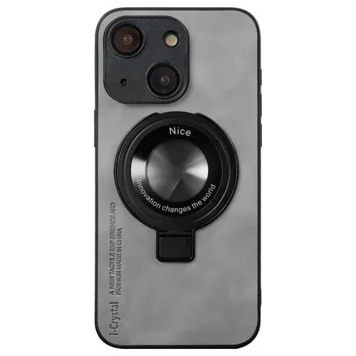 Funda para Teléfono iPhone 15 I.Crystal con Soporte Fulcrum de Piel de Cordero (Gris Claro)