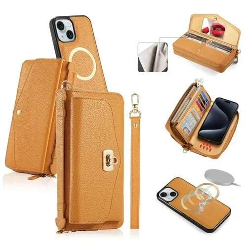 Funda para Teléfono iPhone 15 Magsafe Cartera Multifuncional con Cremallera Cuero Litchi (Naranja)