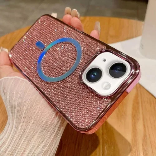 Funda para Teléfono iPhone 15 Magsafe Chapada en Diamantes (Rosa)