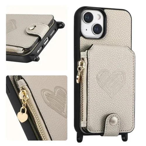 Funda para Teléfono iPhone 15 Parte Trasera de Cuero con Cremallera y Amor Cruzado (Blanco)