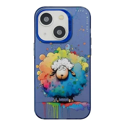 Funda para Teléfono iPhone 15 PC + TPU Pintura al Óleo Patrón Animal (Oveja)