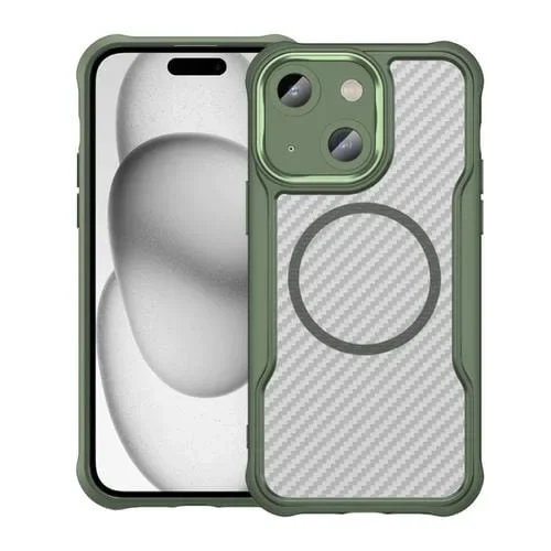 Funda para Teléfono iPhone 15 Plus/14 Plus Translúcida Magsafe Textura Fibra de Carbono (Verde)