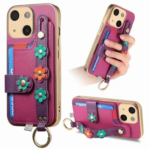 Funda para Teléfono iPhone 15 Plus con Bolsa para Tarjeta y Pulsera con Flores Estereoscópicas (Púrpura)