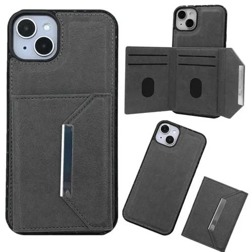 Funda para Teléfono iPhone 15 Plus con Bolsa y Ranuras para Tarjetas con Hebilla de Metal (Gris)