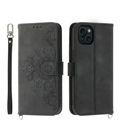 Funda para Teléfono iPhone 15 Plus Cuero con Billetera En Relieve y Flores (Negro)