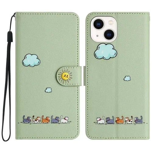 Funda para teléfono iPhone 15 Plus Cuero con Gatos de Dibujos Animados (Verde)
