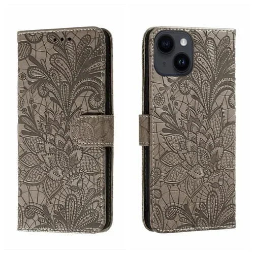 Funda para Teléfono iPhone 15 Plus Cuero con Tapa y Estampado de Flores de Encaje (Gris)