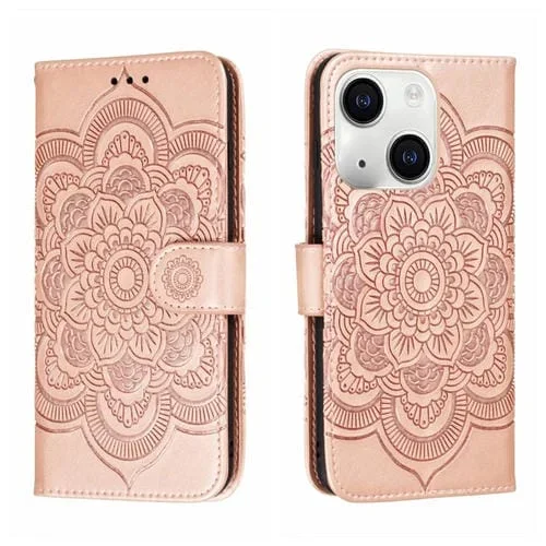 Funda para Teléfono iPhone 15 Plus Cuero Estampado Sun Mandala (Oro Rosa)