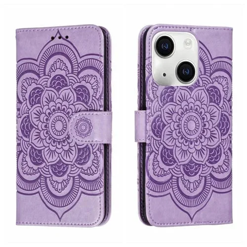 Funda para Teléfono iPhone 15 Plus Cuero Estampado Sun Mandala (Púrpura)
