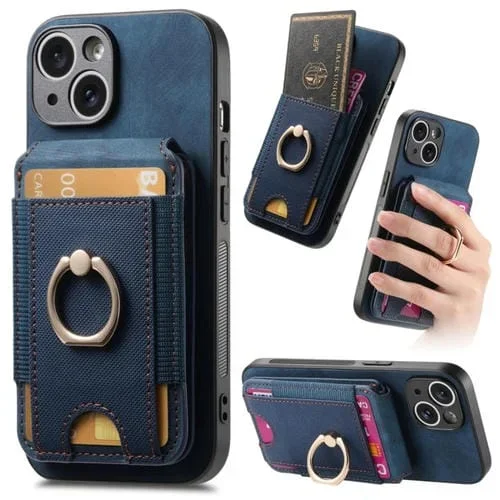 Funda para Teléfono iPhone 15 Plus Cuero Soporte Magnético Divisible Retro Bolsa para Tarjetas (Azul)