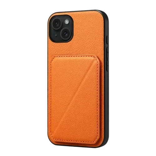 Funda para Teléfono iPhone 15 Plus D04 Ranura para Tarjeta Dual Textura de Becerro (Naranja)