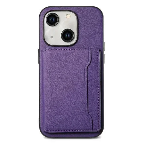 Funda para teléfono iPhone 15 Plus Diseño bolsa para tarjetas Textura de becerro (Púrpura)
