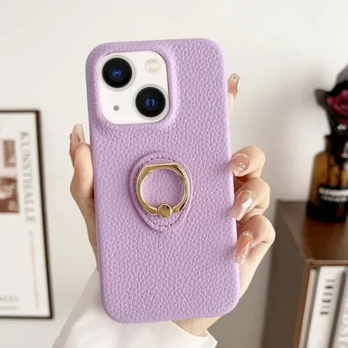 Funda para Teléfono iPhone 15 Plus Litchi Texture Ring Holder a Prueba de Golpes (Púrpura)