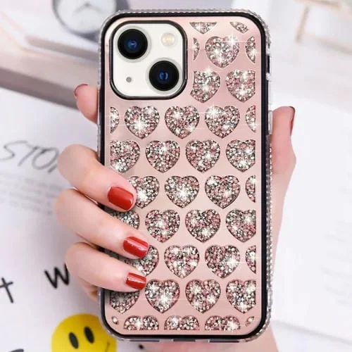 Funda para teléfono iPhone 15 Plus Love Hearts Diamond Mirror TPU (Oro Rosa)