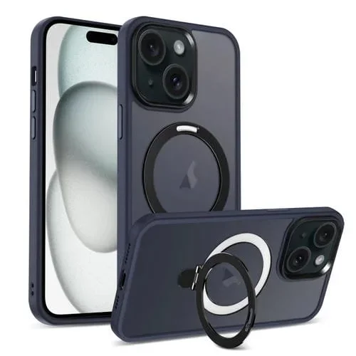 Funda para Teléfono iPhone 15 Plus Magsafe Holder Skin-Feel PC Hybrid (Azul Oscuro)