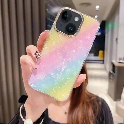 Funda para Teléfono iPhone 15 Plus PC + TPU con Patrón de Concha de Cristal Colorido (Arco Iris)