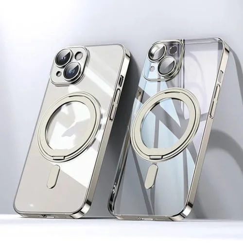 Funda para Teléfono iPhone 15 Plus Plating PC 360 Ring Holder Magsafe (Oro Transparente)
