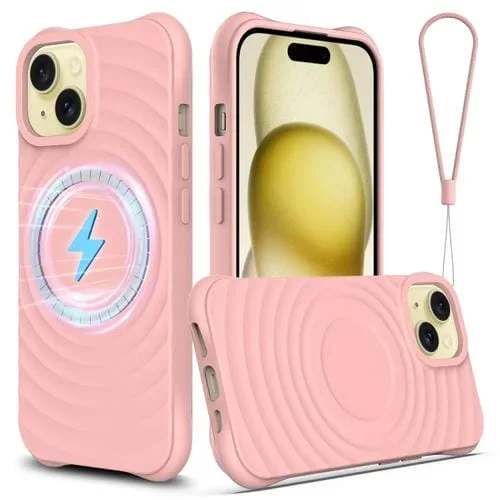 Funda para Teléfono iPhone 15 Plus Silicona Líquida Magnética Magsafe Textura Ondulada (Rosa)