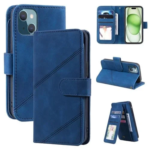 Funda para Teléfono iPhone 15 Plus Skin Feel Cuero con Billetera y Múltiples Tarjetas (Azul)