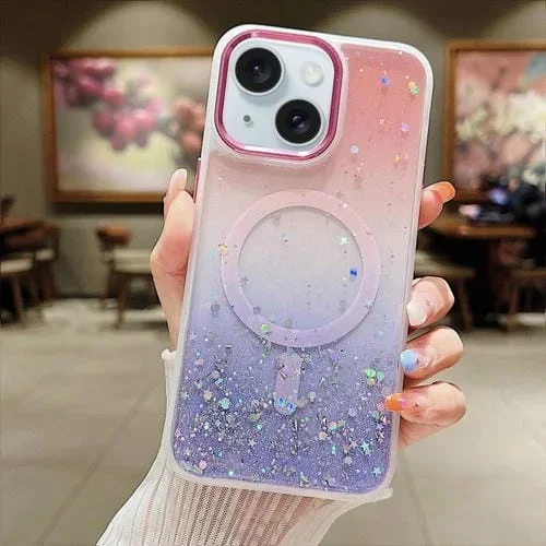 Funda para Teléfono iPhone 15 Plus TPU Magsafe con Lentejuelas y Brillo Degradado (Rosa + Morado)
