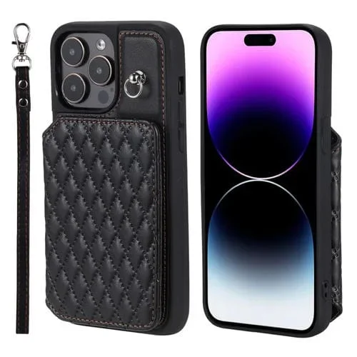 Funda para Teléfono iPhone 15 Pro Bolsa para Tarjetas Textura de Rejilla con Cordón (Negro)