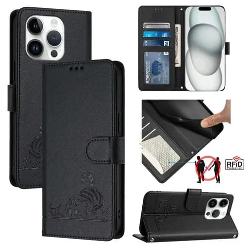Funda para Teléfono iPhone 15 Pro Cat Rat Patrón En Relieve Rfid Pu con Correa para la Muñeca (Negro)