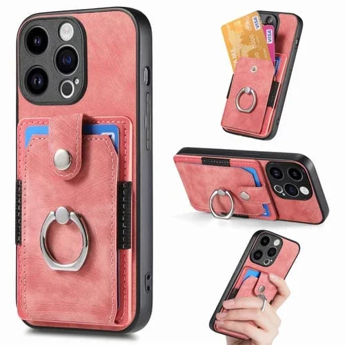 Funda para Teléfono iPhone 15 Pro con Billetera y Tarjeta con Anillo Sensación de Piel Retro (Rosa)