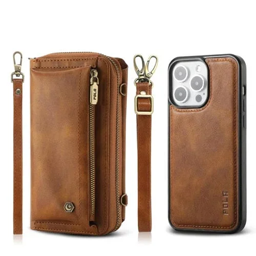 Funda para teléfono iPhone 15 Pro Crossbody de cuero con billetera y cremallera multifuncional (Marrón)