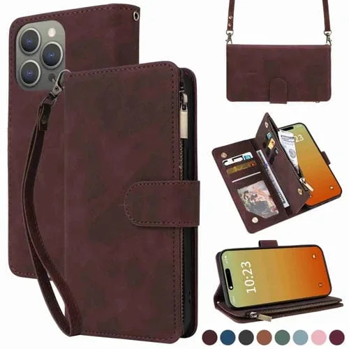 Funda para Teléfono iPhone 15 Pro Crossbody de Cuero con Cremallera y Ranura para Tarjetas (Café)
