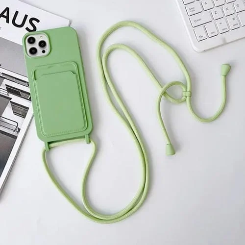 Funda para Teléfono iPhone 15 Pro Crossbody Lanyard con Tarjetero de Silicona Elástica (Verde)
