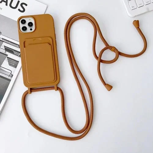 Funda para Teléfono iPhone 15 Pro Crossbody Lanyard con Tarjetero Silicona Elástica (Marrón)