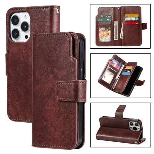 Funda para Teléfono iPhone 15 Pro Cuero con Billetera Triple 9 Tarjetas (Marrón)