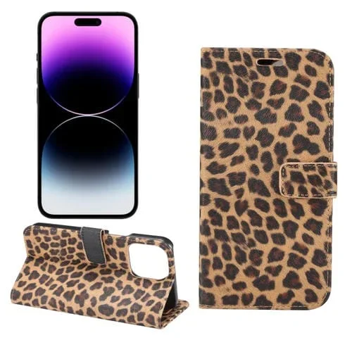 Funda para teléfono iPhone 15 Pro cuero con tapa horizontal patrón de leopardo (Amarillo)