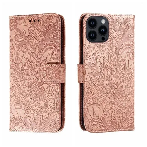Funda para Teléfono iPhone 15 Pro Cuero con Tapa y Estampado de Flores de Encaje (Oro Rosa)