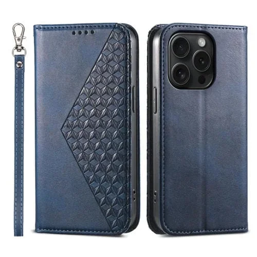 Funda para Teléfono iPhone 15 Pro Cuero Magnético Textura de Becerro Rejilla Cúbica (Azul)