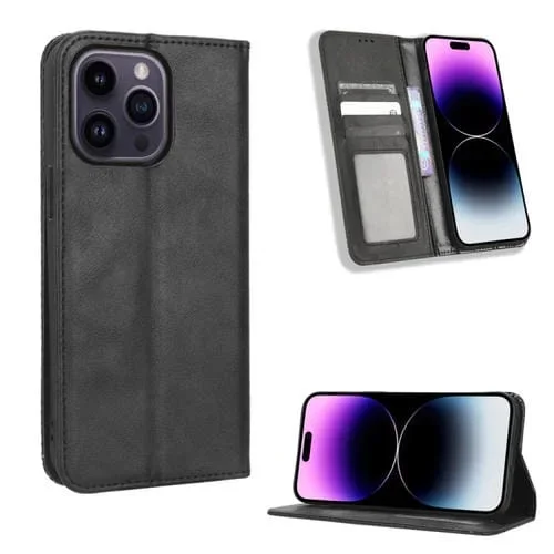 Funda para Teléfono iPhone 15 Pro Cuero Textura Retro Hebilla Magnética (Negro)