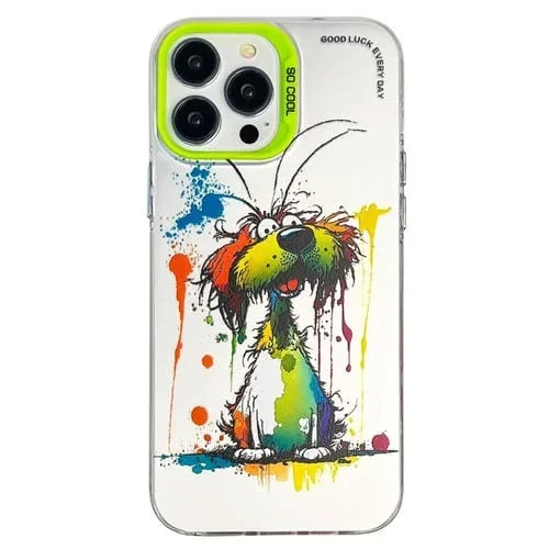 Funda para teléfono iPhone 15 Pro Doble capa con pintura al óleo Animal (Perro Verde) (Plateado)