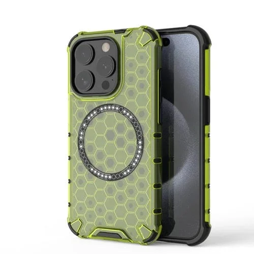 Funda para Teléfono iPhone 15 Pro Honeycomb Magnetic Ring a Prueba de Golpes (Verde)