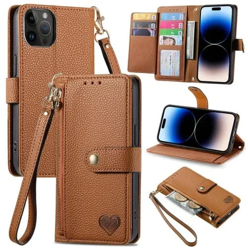 Funda para Teléfono iPhone 15 Pro Love Zipper Lanyard Cuero (Marrón)