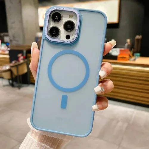 Funda para teléfono iPhone 15 Pro Magsafe acrílico piel esmerilada imitación metal (Azul Sierra)
