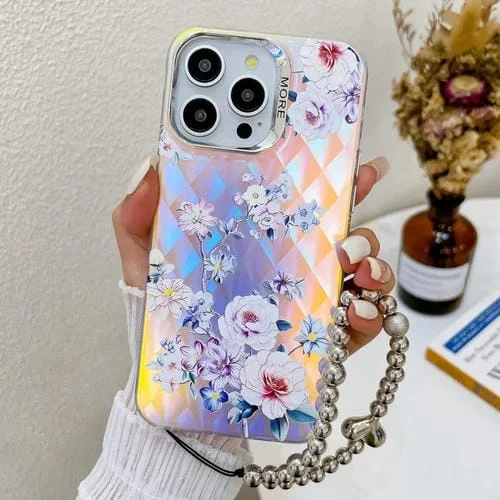 Funda para Teléfono iPhone 15 Pro Max con Flor Láser Galvanizada y Correa para la Muñeca (Rose)