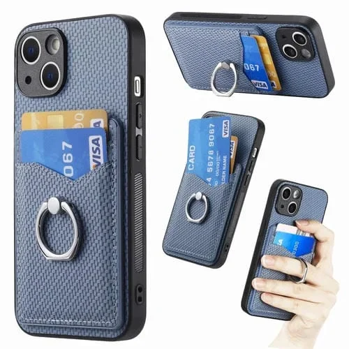 Funda para Teléfono iPhone 15 Pro Max con Soporte para Anillo y Billetera con Tarjeta Fibra de Carbono (Azul)