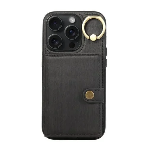 Funda para Teléfono iPhone 15 Pro Max con Soporte para Anillo y Billetera con Textura Cepillada (Negro)