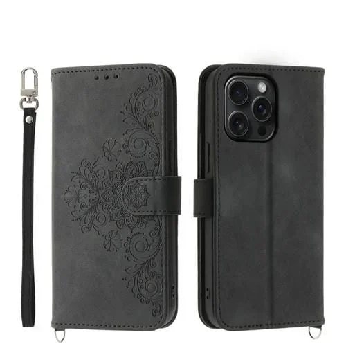 Funda para Teléfono iPhone 15 Pro Max Cuero con Billetera en Relieve y Flores (Negro)