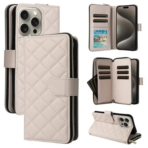 Funda para Teléfono iPhone 15 Pro Max Cuero Hebilla Torre Cremallera Rombal Cruzada (Beige)