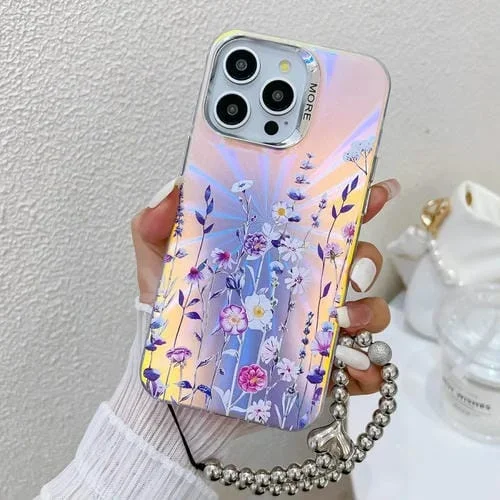 Funda para Teléfono iPhone 15 Pro Max Flor Láser Galvanizada con Correa para Muñeca