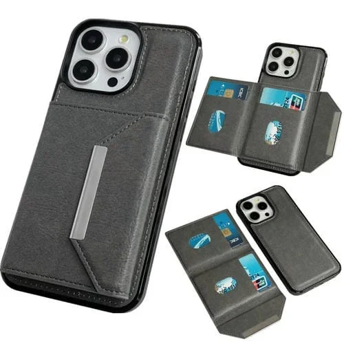 Funda para Teléfono iPhone 15 Pro Max Hebilla de Metal Ranuras para Tarjetas Bolsa (Gris)